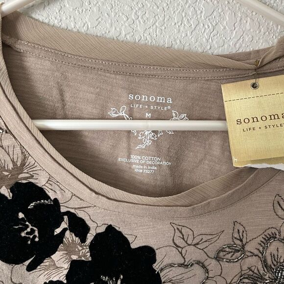 Sonoma Women's 100% cotton beaded velvet Tan Floral Top NWT fairy whimsy Medium - Picture 2 of 5